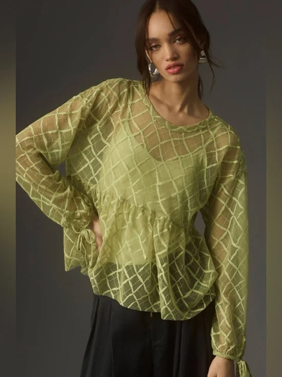 NWT Green Maeve Sheer Babydoll Layering Top - Picture 1 of 14